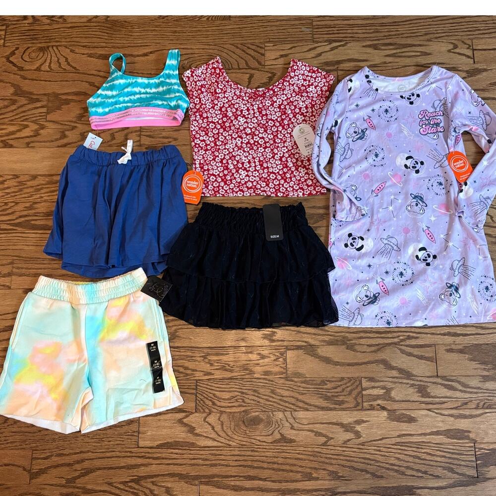 Girls M 7/8 Lot of 6 Items Sleep, Top, Bra,‎ Skirt, Skort, Shorts Target NEW